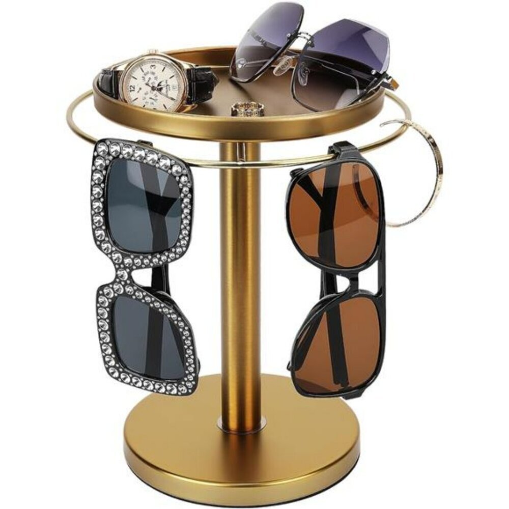 360 Rotating Sunglass Organizer Stand Gold Metal Holder with Jewelry Tray